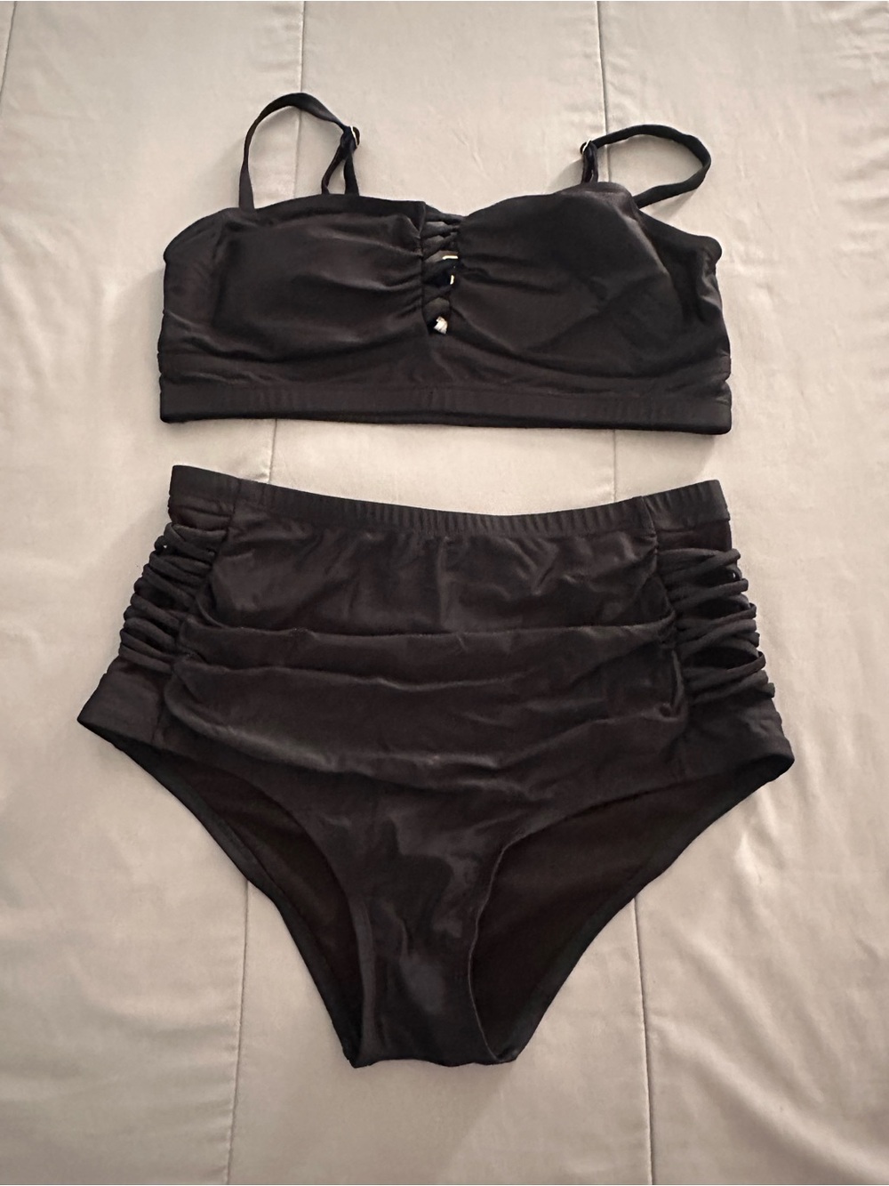 High-Waist Black Bikini Set with Ruched Sides
